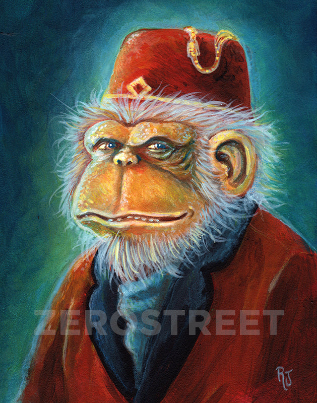 painting of an Chimpanzee in smoking jacket and fez