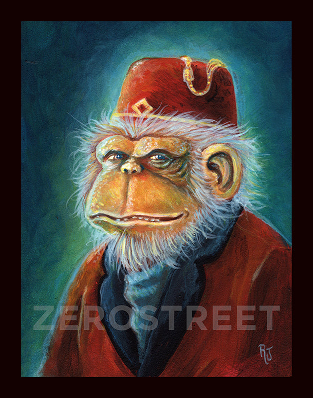 painting of an Chimpanzee in smoking jacket and fez