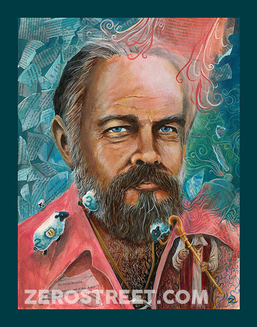 An acrylic portrait of Philip K Dick, science fiction author of Man In The High Castle, Ubik and more.